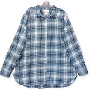LOFT Blue Plaid Button Front Shirt Women Large Cotton Long Sleeve Casual Top